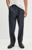Rains pantaloni culoarea bleumarin, high waist