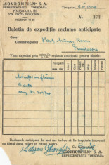 Romania, SOVROMFILM, buletin de expedi?ie reclame anticipate, Timi?oara, 1948 foto