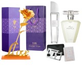 Set apa de toaleta Pur Blanca 50 ml, apa de parfum Rare Pearls 50 ml, card multifunctional, de supravietuire si trandafir auriu cu suport si cutie inc