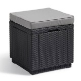 Taburet Cub Keter Grafit cu Depozitare si Perna, 42x42x45cm, Multifunctional: Scaun, Suport picioare, Cutie depozitare, Rezistent Intemperii