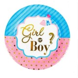Farfurii din Carton pentru Petrecerea Bebelusului Baby Shower Roz Ciel &quot;Girl or Boy?&quot; Foil 18cm - 6buc