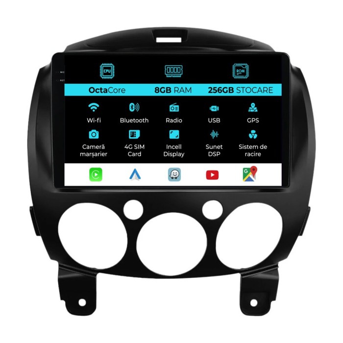 Navigatie Dedicata Mazda 2 (2007-2014), 9 Inch, 8Gb Ram, 256Gb stocare, Carplay
