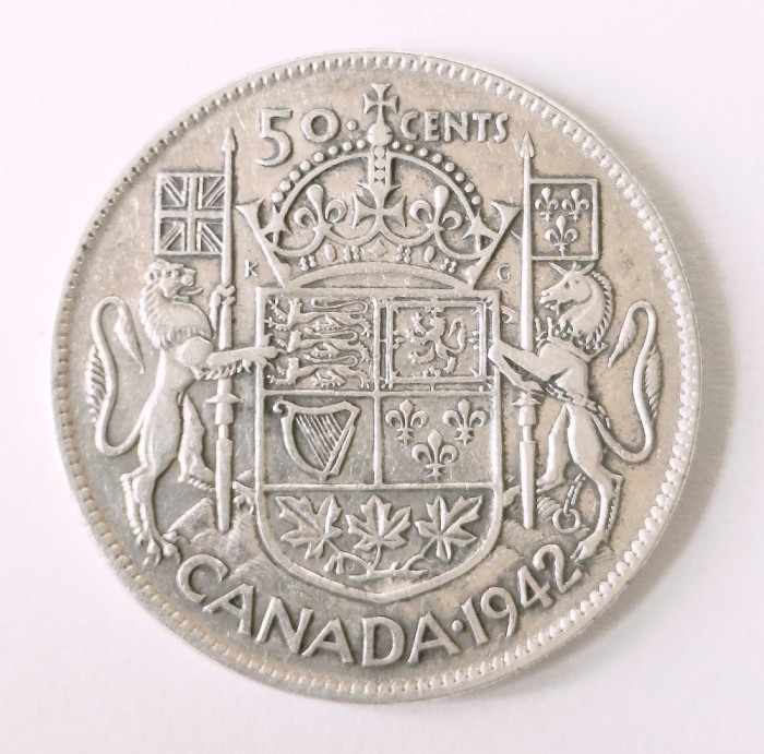 CANADA 50 CENTS CENTI 1942 ARGINT VF++ ( CITITI DESCRIEREA )