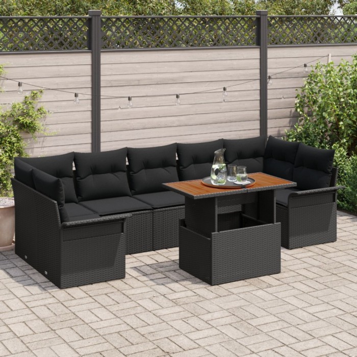 Set canapea gradina Gossi cu 8 piese si perne ratan negru poliester, canapea gradina Gossi cu 2 locuri si spatiu de stocare &amp; perne ratan negru polies
