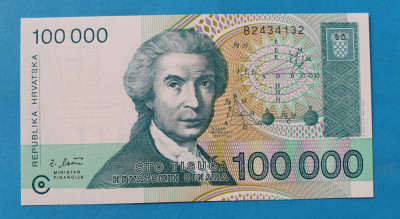 100000 Dinara 1993 Croatia Bancnota SUPERBA - UNC foto