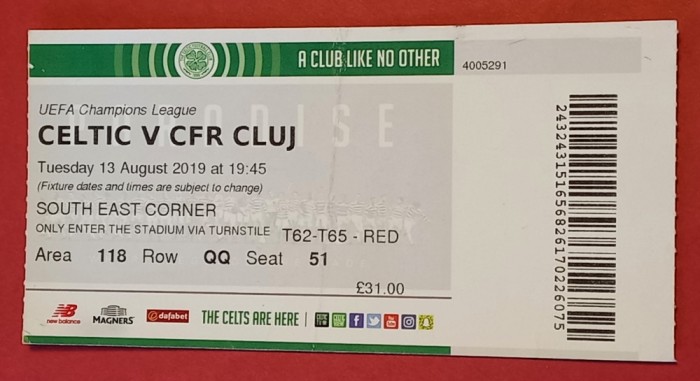 Bilet meci fotbal CELTIC GLASGOW - CFR CLUJ (13.08.2019)