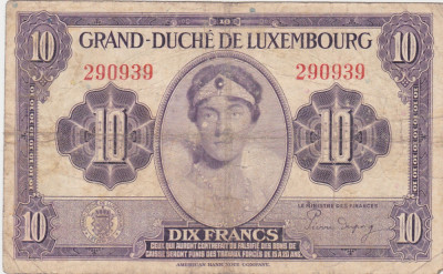 LUXEMBURG Luxembourg 10 FRANCI FRANCS ND(1944) aF foto