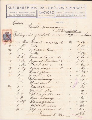 HST A859 Factură Kleininger Miklos Coloniale textile Tomnatic Timiș ante 1918 foto