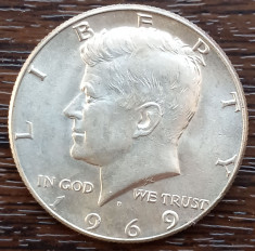 (A1092) MONEDA DIN ARGINT SUA - HALF DOLLAR 1969, LIT. D, KENNEDY foto