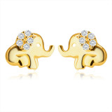 Cercei din aur galben de 14K &ndash; un elefant așezat, cu trompă și cu urechea &icirc;mpodobită cu un zirconiu rotund
