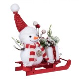 Decorațiune Masă Crăciun, Model Sanie, Om de Zăpadă, Culoare Alb-Roșu, Material Lemn-Spumă, Dimensiuni 17x6.5x19 cm, Oem