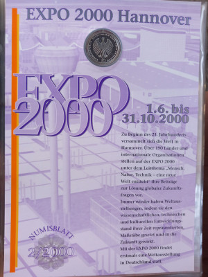 GERMANIA - FDC + MONEDA PROOF - 10 MARK 2000 A, EXPO 2000, PURITATE 925 foto