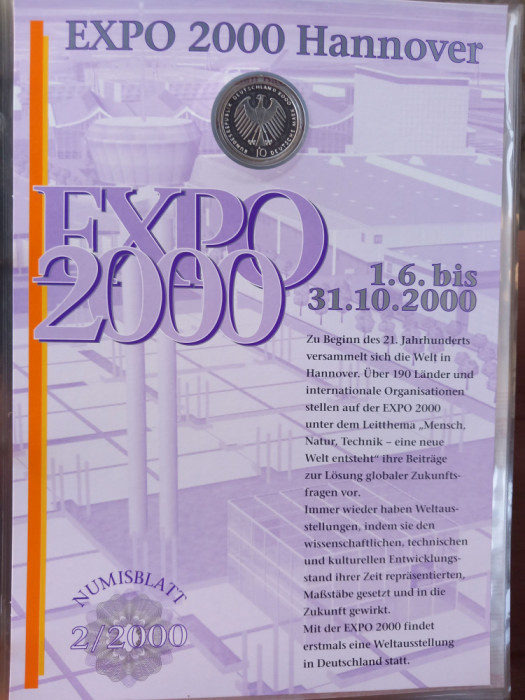 GERMANIA - FDC + MONEDA PROOF - 10 MARK 2000 A, EXPO 2000, PURITATE 925