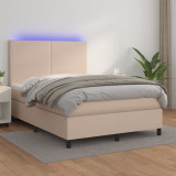 VidaXL Pat cu arcuri, cu saltea și LED cappuccino 140x190 cm piele eco