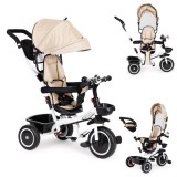 Triciclu ECOTOYS pentru Copii 6+ Luni, Scaun Pivotant 360&deg;, Copertină, Bej, Suport Picioare Pliabil, Roți EVA