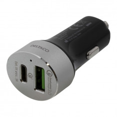 Incarcator auto Quick Charge DELTACO, USB-C Qualcomm 3.0, 6A, 1xUSB-C, 1xUSB, intrare 12-18V CC, negru / argintiu foto