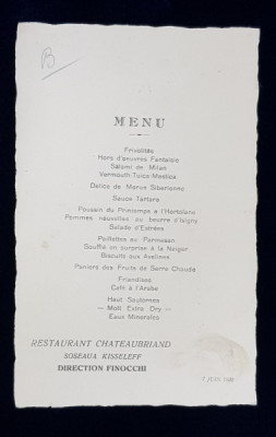 RESTAURANT CHATEAUBRIAND , SOSEAUA KISELEFF , MENIU , 7 IUNIE , 1930 foto