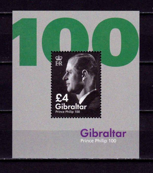 ✅(C42)Gibraltar 2021 &quot;Printul Philip -100 ani de la nastere &quot;,nominal 4&pound; , bloc 148, MNH