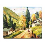 Tablou pictat manual, Peisaj de la munte, amintiri din copilarie, 60x50cm ulei pe panza