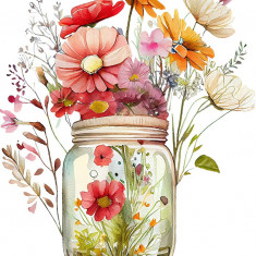 Sticker decorativ, Borcan cu Flori, Multicolor, 68 cm, 1265STK-7