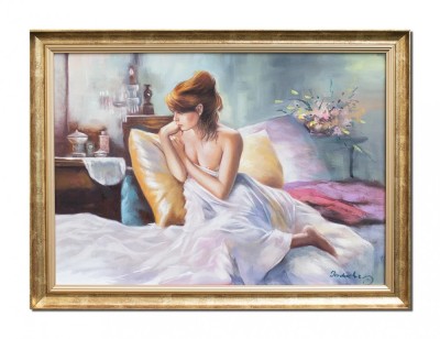 Tablou tanara pe canapea pictat manual inramat, Cu gandul la tine, 80x60cm ulei pe panza, Mircea Iordache foto