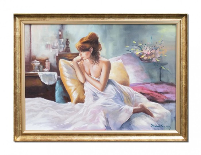 Tablou tanara pe canapea pictat manual inramat, Cu gandul la tine, 80x60cm ulei pe panza, Mircea Iordache