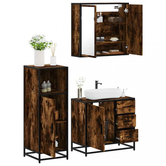 Gossi set mobilier de baie, 3 piese, stejar fumuriu, lemn prelucrat