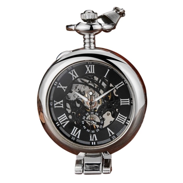 Ceas de buzunar Gorben PM229 Argintiu - Skeleton Mecanic, Afisaj cu Cifre Romane, Cu Lant Vintage Retro