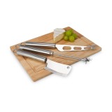 Set branzeturi Rominox Legno, tocator lemn, 3 accesorii inox, taietor cu fir, 27 x 20 cm