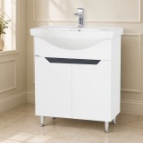 Baza si lavoar ceramic GN0501, mobilier baie stativ 70 cm, circular, front MDF, 2 usi, 2 rafturi, picioare cromate reglabile, alb antracit