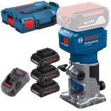 Bosch GLF 18V-8 + 0615990L1R - Masina de frezat 6 6.35 8 mm + Set 3 acumulatori si incarcator Li-Ion 18 V 4 Ah valiza speciala