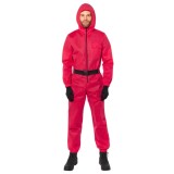 Costum Squid Game Adulti, Rosu, Netflix - Combinezon Jocul Calamarului cu Gluga si Centura Neagra, Poliester, Marimi XS-XL