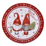 Farfurie Sticlă Crăciun Gnome, Mesaj &quot;Merry Christmas&quot;, Margine Roșie Fulgi și Stele, 26.5cm, Oem