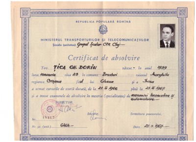 Certificat de absolvire specialitatea mecanici de locomotive si automotoare 1966 foto