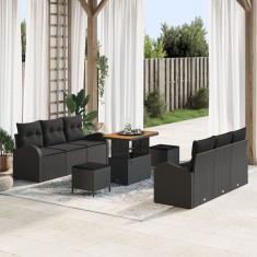 Set canapea gradina Gossi 9 piese cu perne negru poliratan acacia, canapea gradina Gossi cu 2 locuri si perne negru poliratan, set dining 3 piese grad