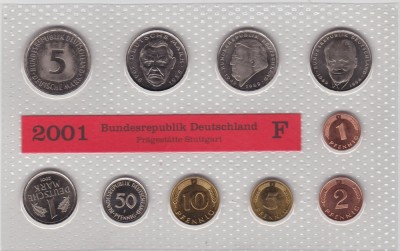 GERMANIA SET MONETARIE 1,2,5,10,50 PFENNIG 1,2,5 MARK 12.68 DM LIT. F 2001 UNC foto