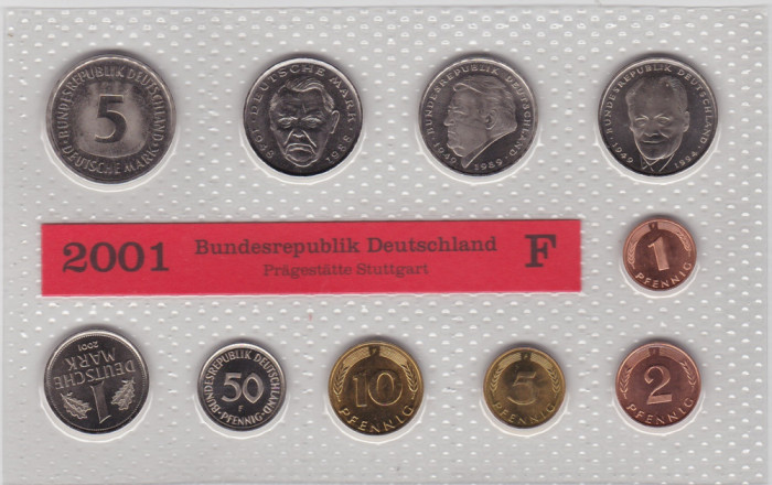 GERMANIA SET MONETARIE 1,2,5,10,50 PFENNIG 1,2,5 MARK 12.68 DM LIT. F 2001 UNC