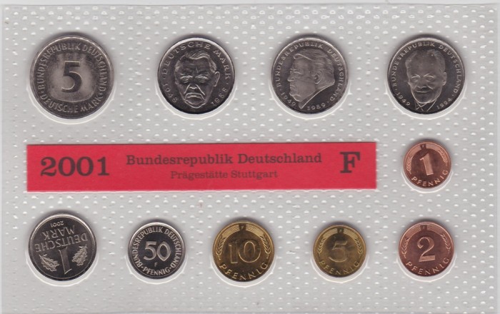 GERMANIA SET MONETARIE 1,2,5,10,50 PFENNIG 1,2,5 MARK 12.68 DM LIT. F 2001 UNC