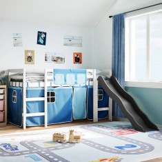 Pat etajat de copii cu perdele, bl&amp;aring;, 90x200 cm, lemn masiv pin foto