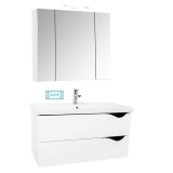 Cumpara ieftin Set mobilier baie suspendat GN0971, front MDF cu lavoar ceramic, 80 cm, 2 sertare, glisiere soft close si dulap cu oglinda Celine, PAL, iluminare led,