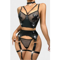 Set 4 piese lenjerie erotica intima sexy provocatoare pentru femei, piele ecologica, cu insertii din plasa si accesorii metalice, sutien, accesoriu ta