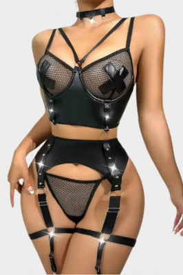 Set 4 piese lenjerie erotica intima sexy provocatoare pentru femei, piele ecologica, cu insertii din plasa si accesorii metalice, sutien, accesoriu ta foto