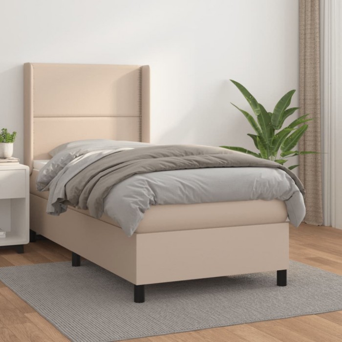 vidaXL Pat box spring cu saltea, cappuccino, 90x200 cm piele ecologică 3132422