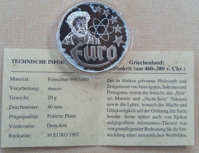 (A696) MEDALIE DIN ARGINT 999 - GERMANIA - 10 EURO 1997, DEMOCRATIA, CERTIFICAT foto