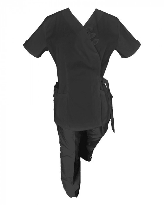 Costum Medical Pe Stil, Tip Kimono Negru cu Elastan, Model Daria - S, L