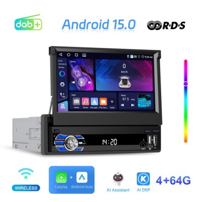 Navigatie auto universala 1 Din, cu Android, ecran retractabil 7 inch, CarPlay &amp;amp; Android Auto wireless, 4G RAM + 64G ROM, DVR foto