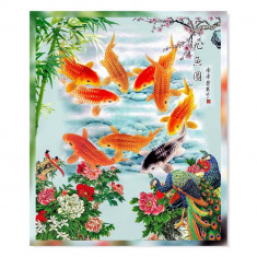 Tablou feng shui cu cei 9 pesti crapi norocosi si pauni 20 x 30cm