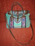 Geanta femei poseta de dama mare de mana de umar crossbody Desigual multicolor textil nuante verde vernil combinat cu piele ecologica maro