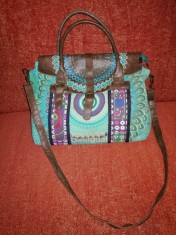 Geanta femei poseta de dama mare de mana de umar crossbody Desigual multicolor textil nuante verde vernil combinat cu piele ecologica maro