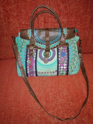 Geanta femei poseta de dama mare de mana de umar crossbody Desigual multicolor textil nuante verde vernil combinat cu piele ecologica maro foto